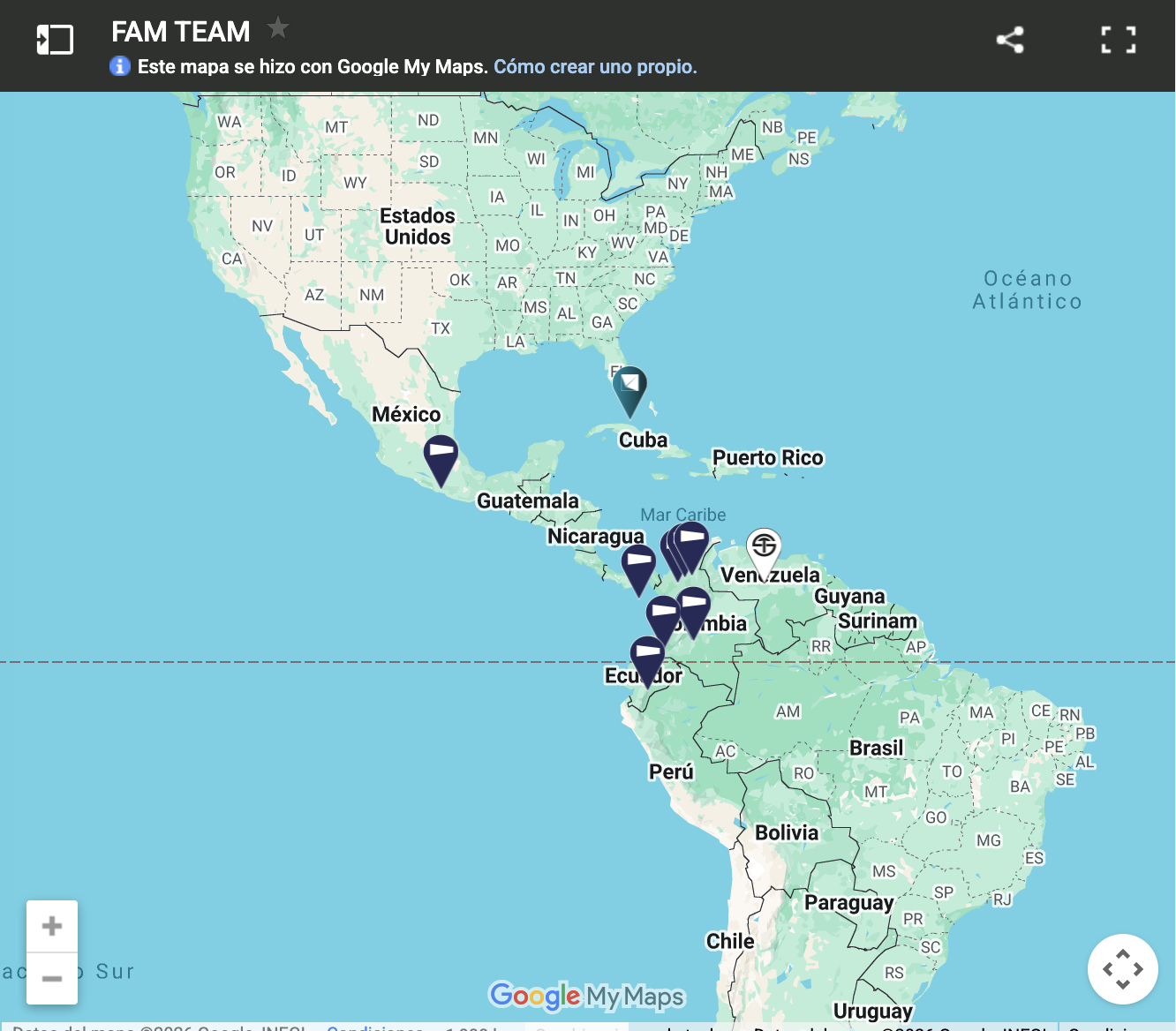 Mapa de presencia local de FAM TEAM en Latinoamérica y el Caribe